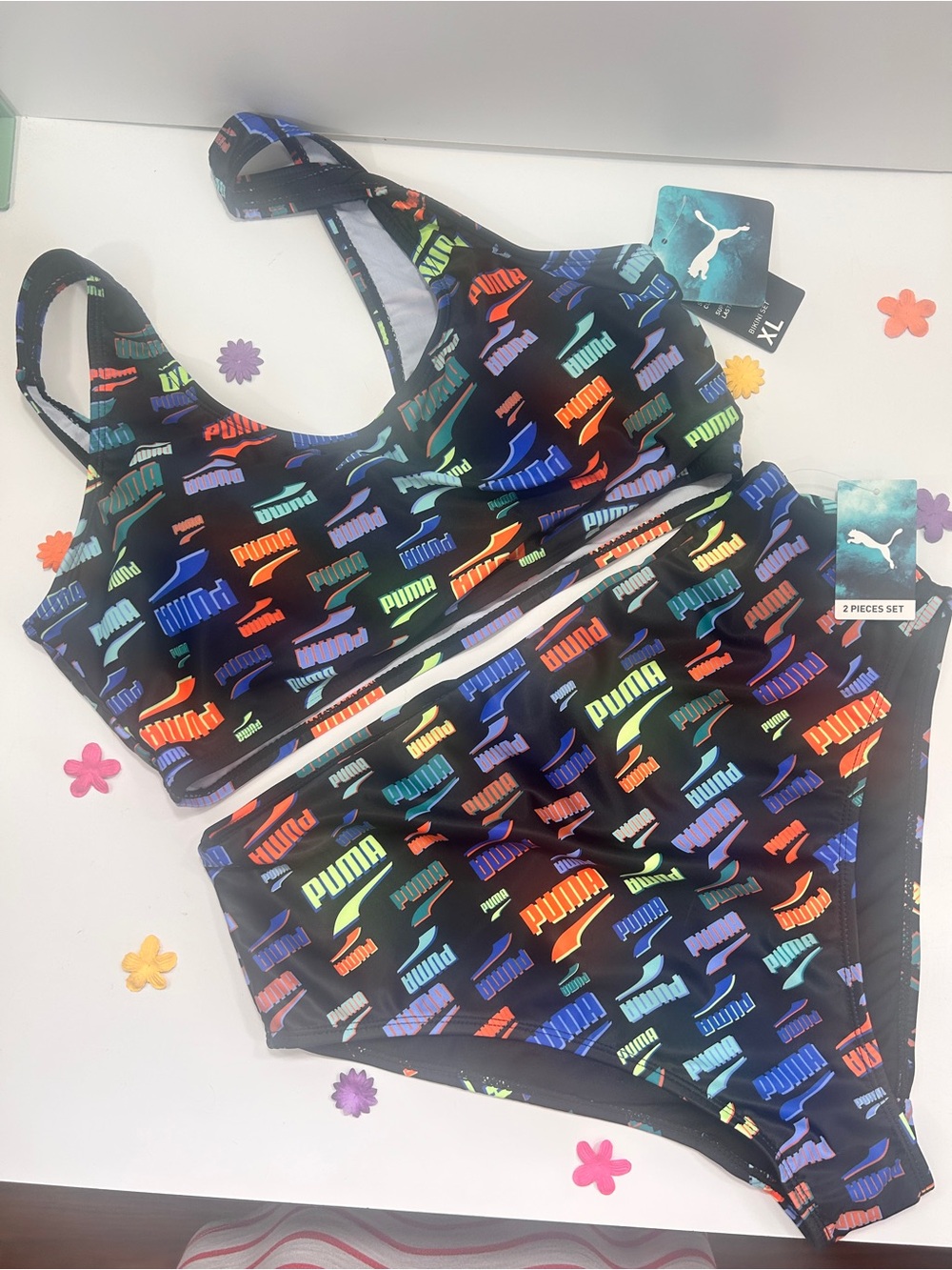 Puma Two-Piece Bikini with Multicolor Logo Print XL NWT